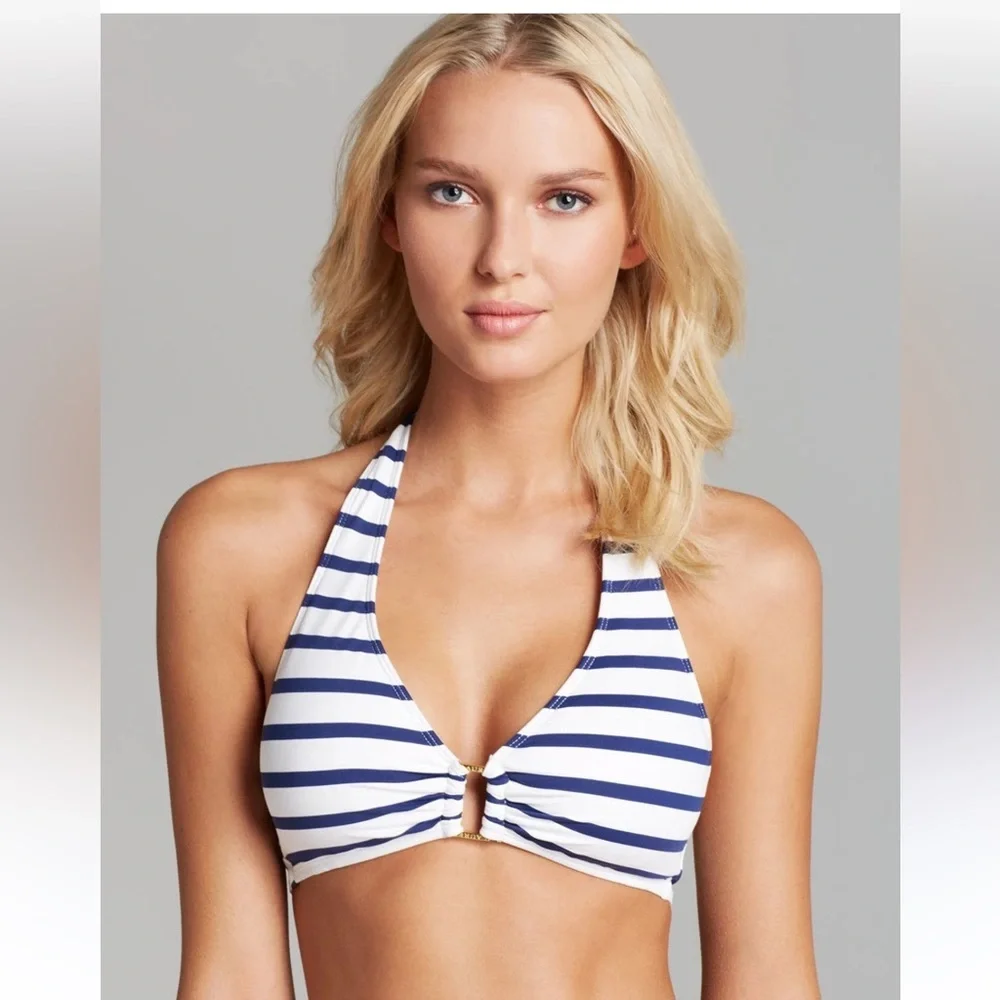 Lauren Ralph Lauren Blue Striped Halter-Neck Bikini Top, Size 14